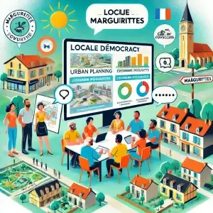 DALL·E 2024-10-22 20.00.28 - An illustration depicting local democracy and citizen engagement in the village of Marguerittes, France. The image shows a digital platform on a scree
