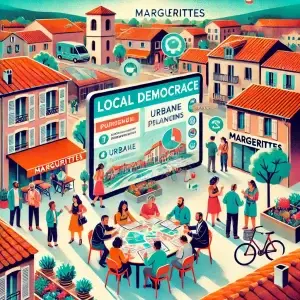 DALL·E 2024-10-22 21.54.48 - A variant of an illustration depicting local democracy and citizen engagement in the village of Marguerittes, France. The image shows a digital platfo